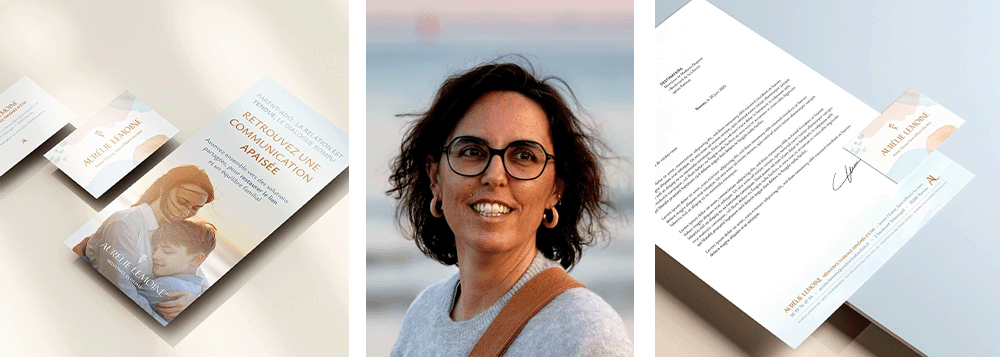 Portrait d'Aurélie, médiatrice familiale, et aperçus de ses supports de communication papier
