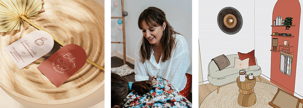 Portrait de Babiana, accompagnante périnatale, et aperçus de la décoration de son cabinet et cartes de visite