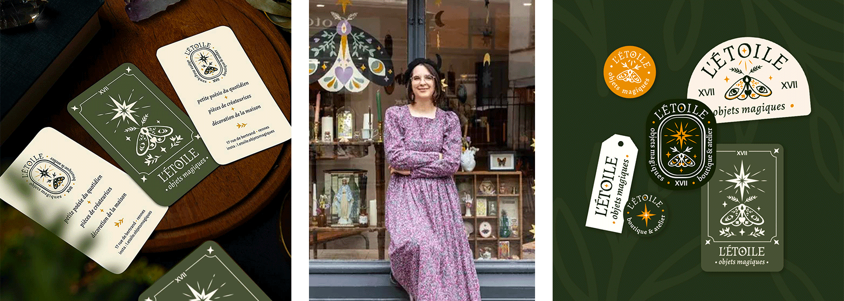 Portrait de Marine, boutique l'Étoile, aperçus de ses cartes de visite et logo