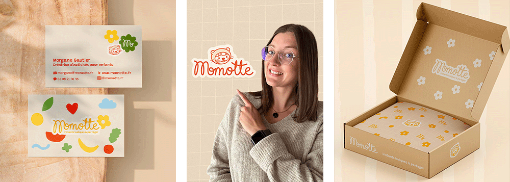 Portrait de Morgane, créatrice de Momotte, et aperçus de ses supports packaging